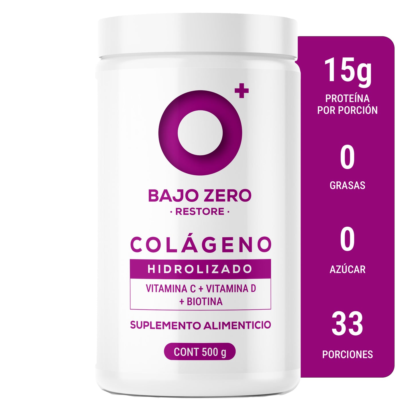 Bajo Zero Restore. Colágeno hidrolizado, Vitamina C, Vitamina D y Biotina. (500 grs)