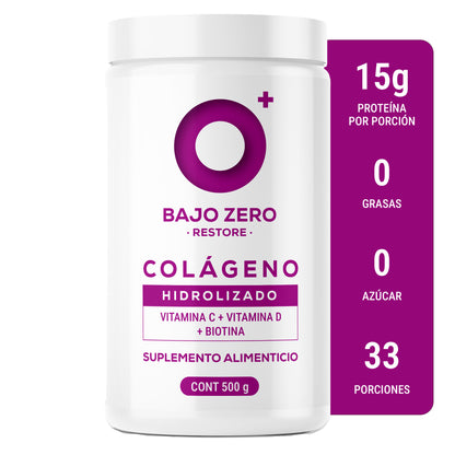 Bajo Zero Restore. Colágeno hidrolizado, Vitamina C, Vitamina D y Biotina. (500 grs)